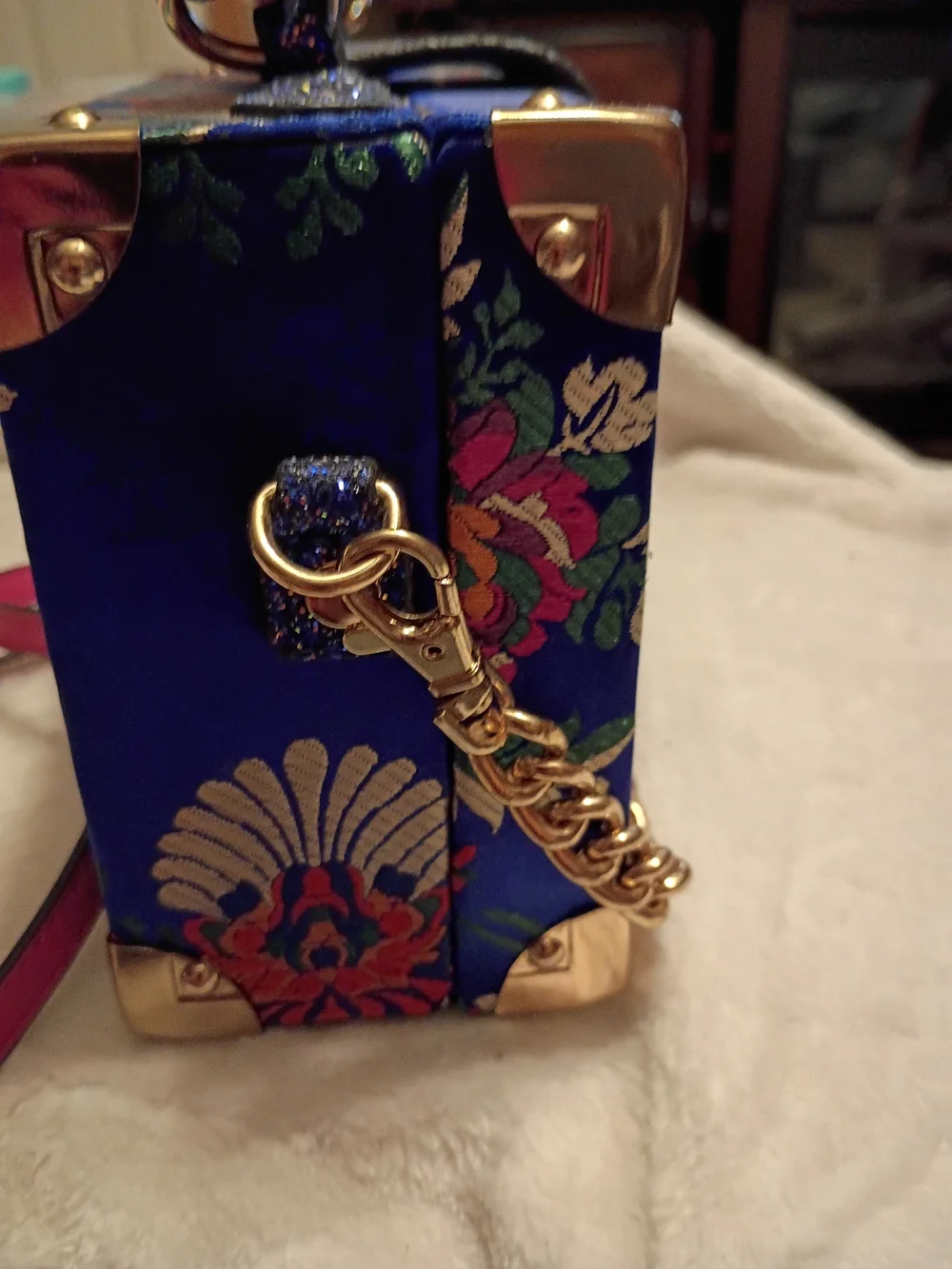Aldo Asian Inspired BrocadeBlue Floral Box Crossbody with Gold Hardware
